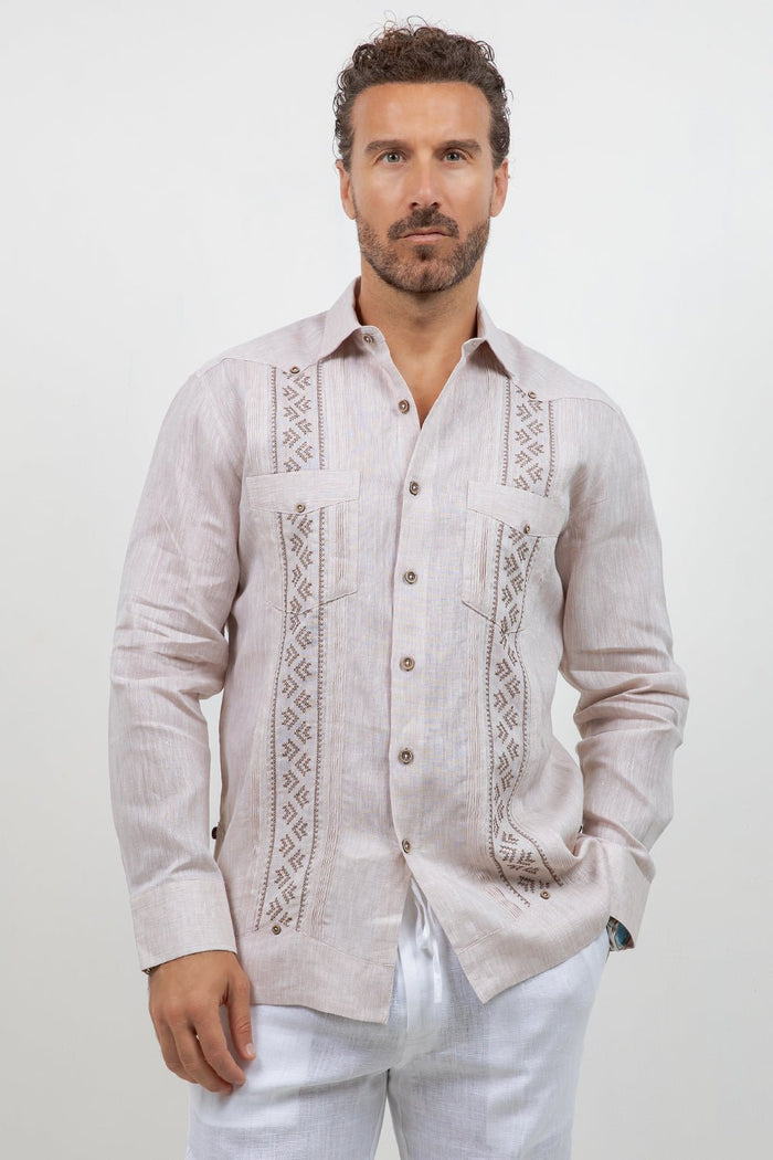 Fancy Linen Guayabera Long Sleeve Two Pocket Pleated Shirt