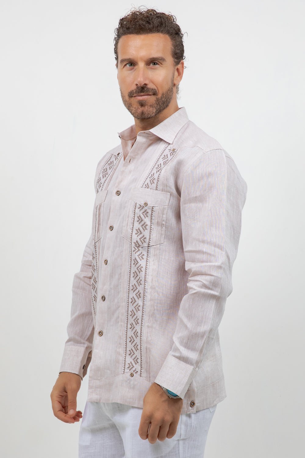 Fancy Linen Guayabera Long Sleeve Two Pocket Pleated Shirt