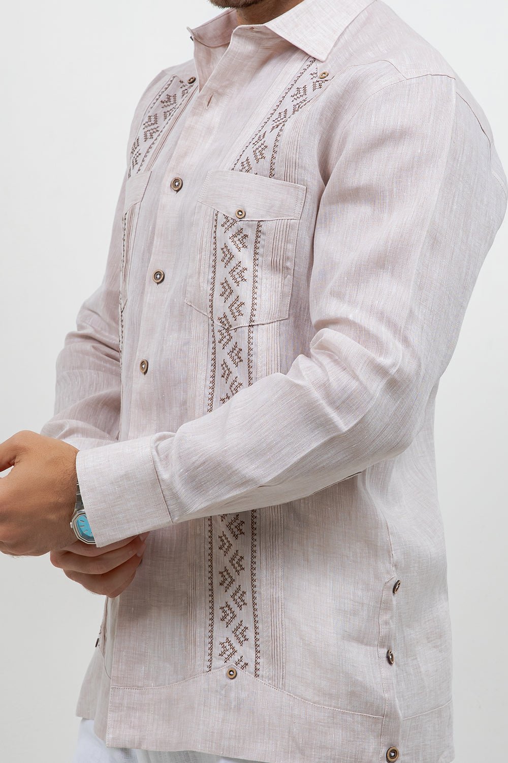 Fancy Linen Guayabera Long Sleeve Two Pocket Pleated Shirt