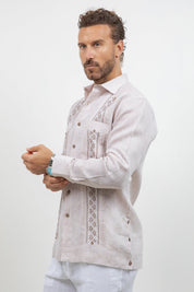 Fancy Linen Guayabera Long Sleeve Two Pocket Pleated Shirt
