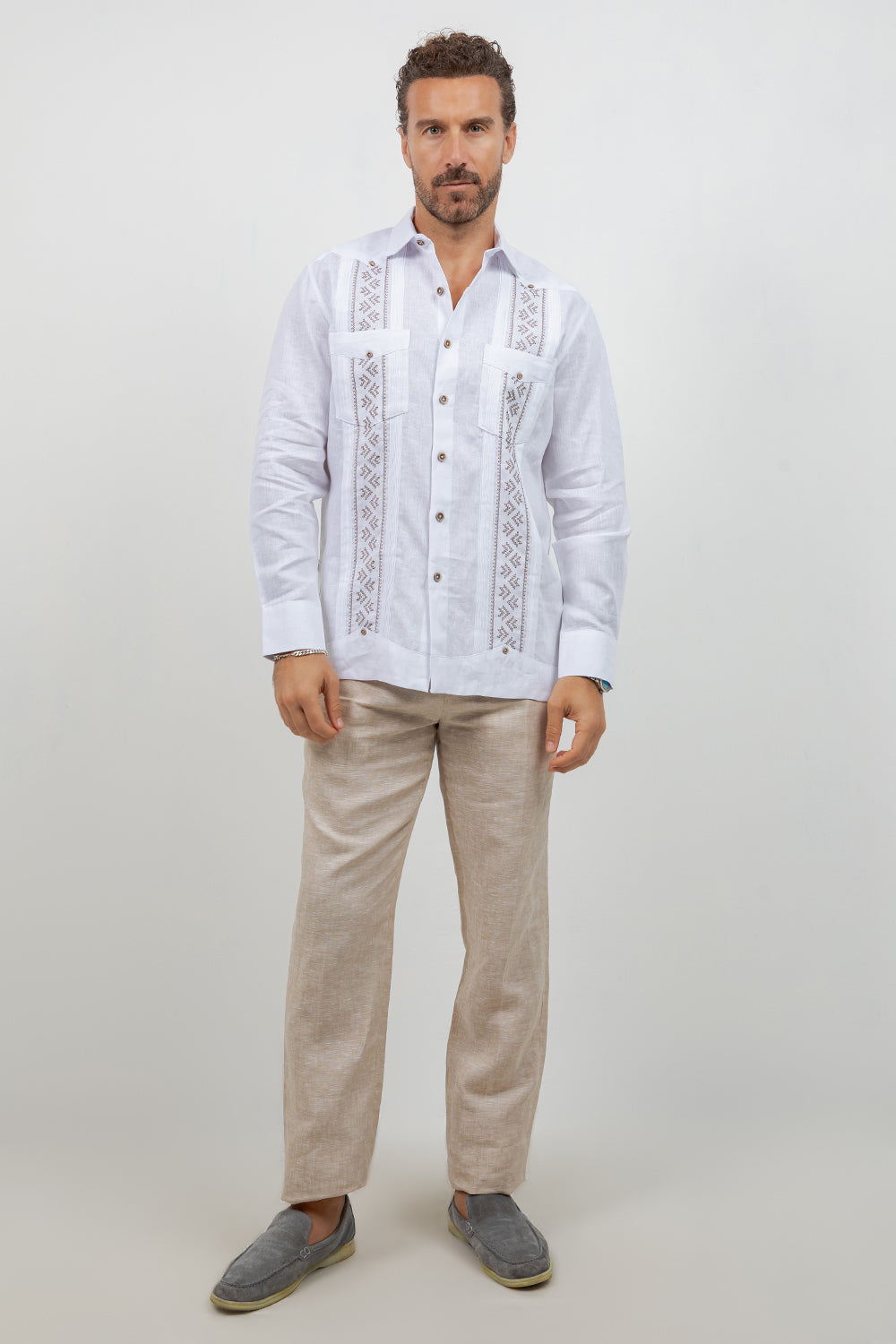 Fancy Linen Guayabera Long Sleeve Two Pocket Pleated Shirt