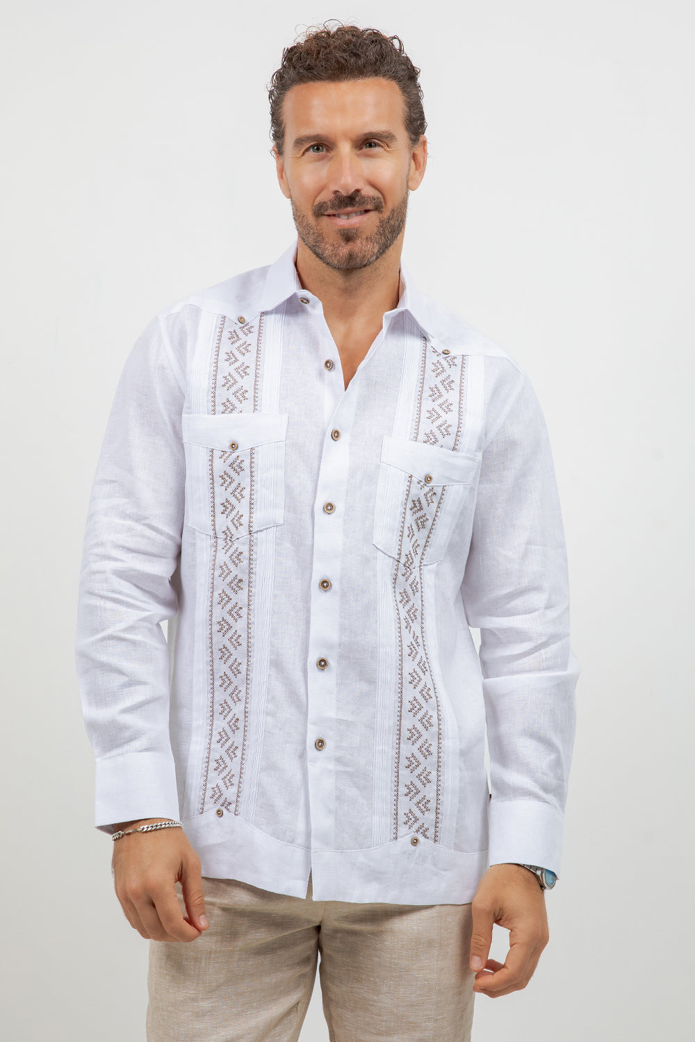 Men's Linen Guayabera Long Sleeve Two Pocket Pleated Shirt