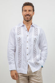 Fancy Linen Guayabera Long Sleeve Two Pocket Pleated Shirt