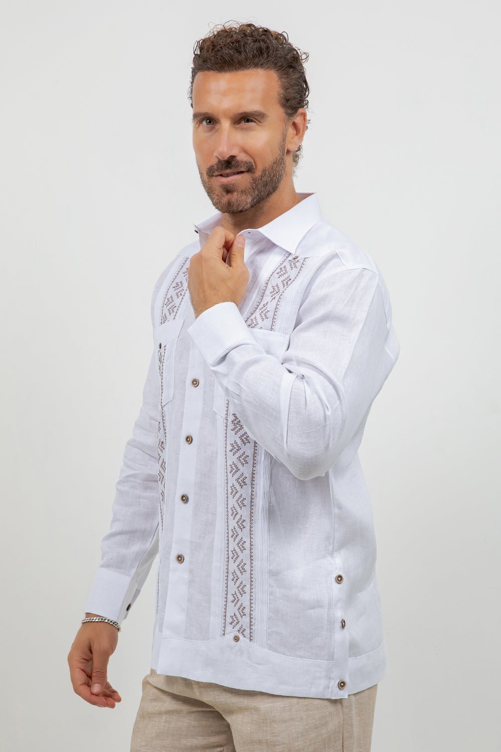 Fancy Linen Guayabera Long Sleeve Two Pocket Pleated Shirt