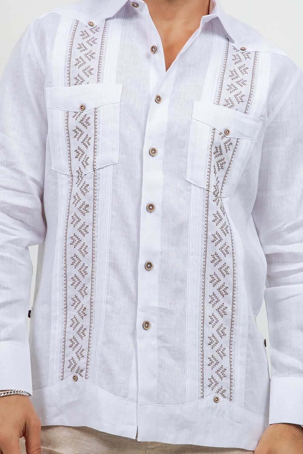 Fancy Linen Guayabera Long Sleeve Two Pocket Pleated Shirt