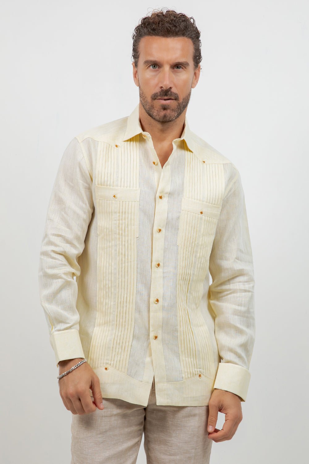 Men's Linen Beach Wedding Shirt Long Sleeve Two Pocket Guayamisa