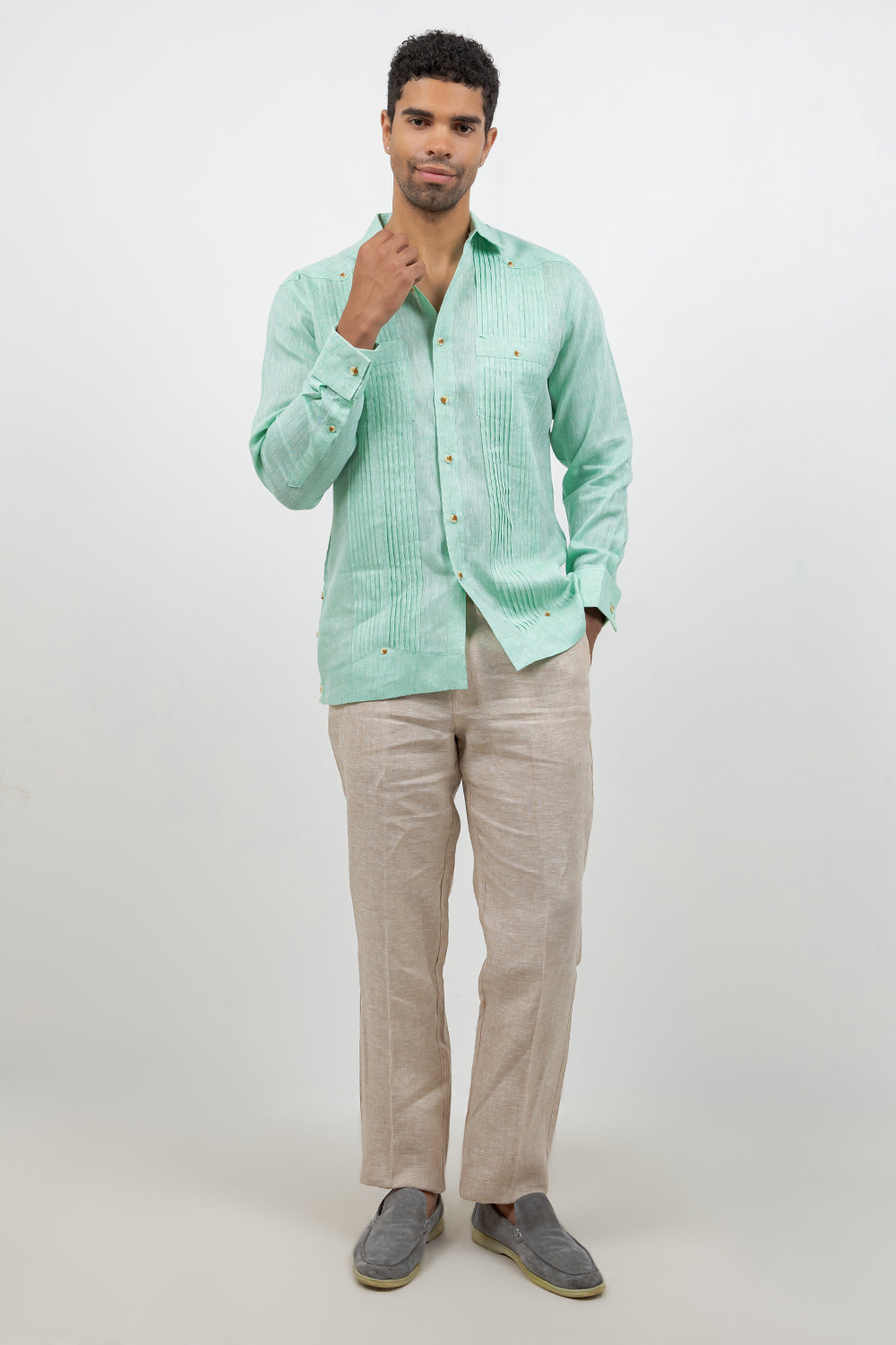 Linen Beach Wedding Guayabera Two Pocket Shirt Long Sleeve