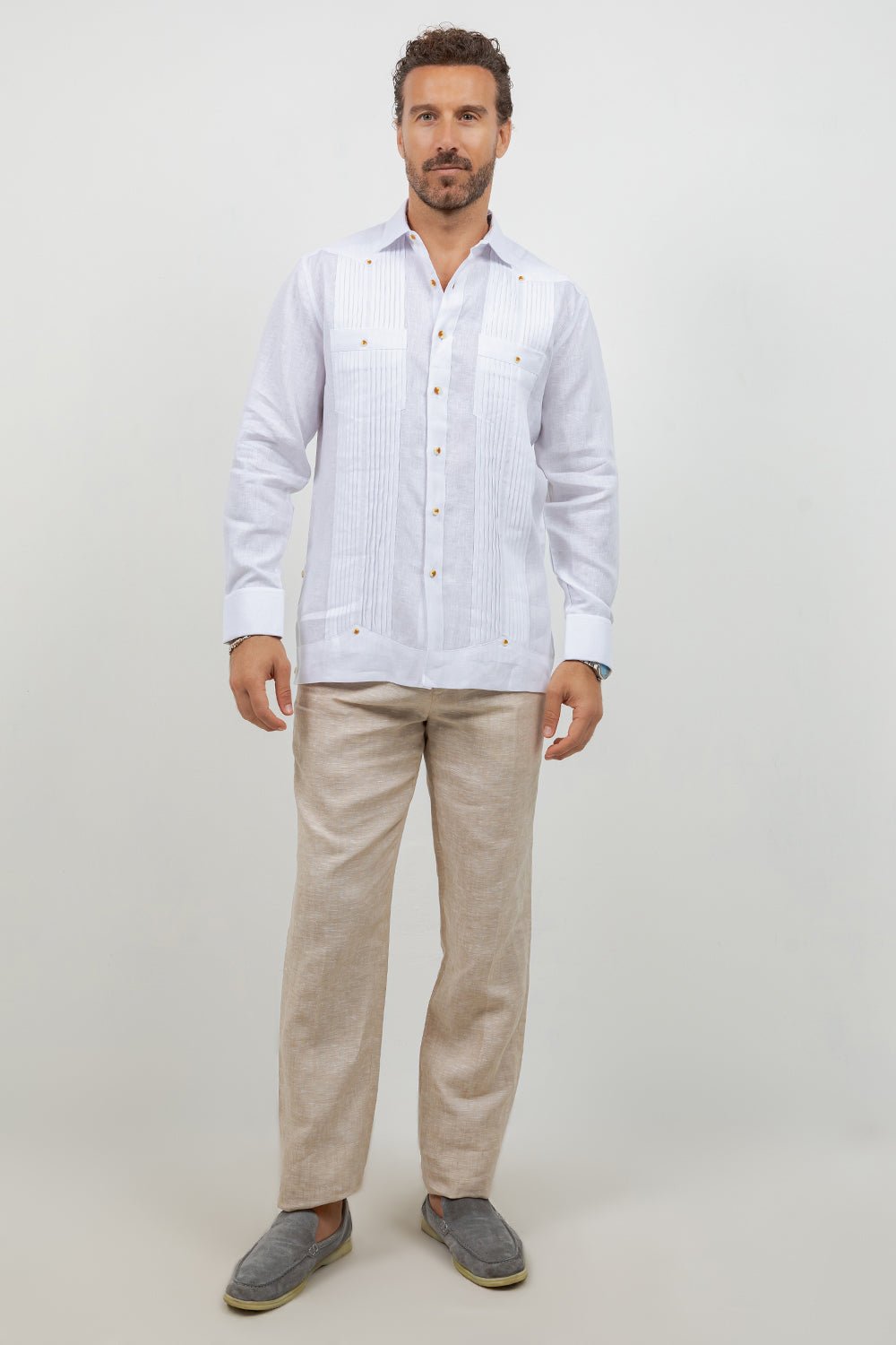 Linen Beach Wedding Guayabera Two Pocket Shirt Long Sleeve