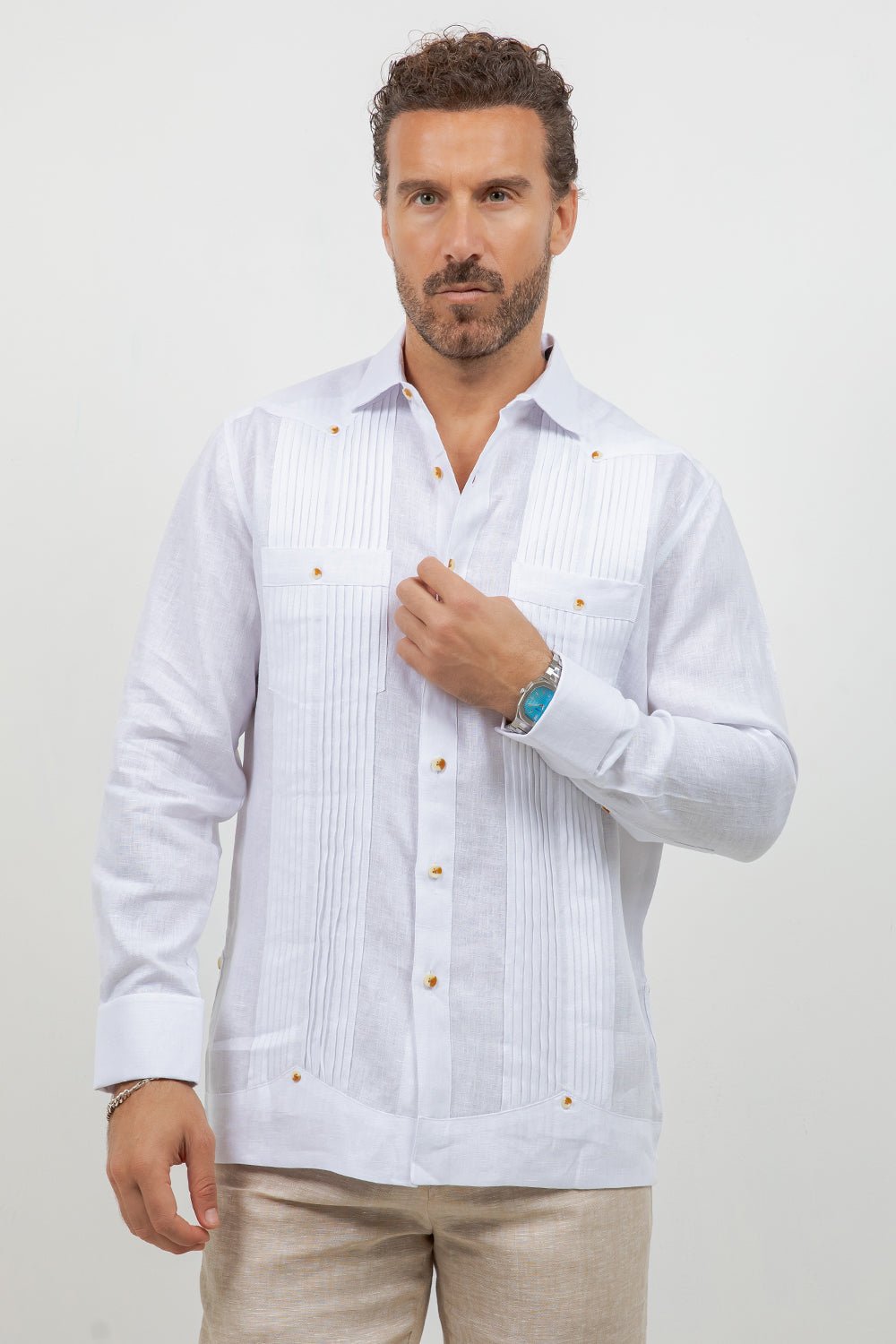 Linen Beach Wedding Guayabera Two Pocket Shirt Long Sleeve