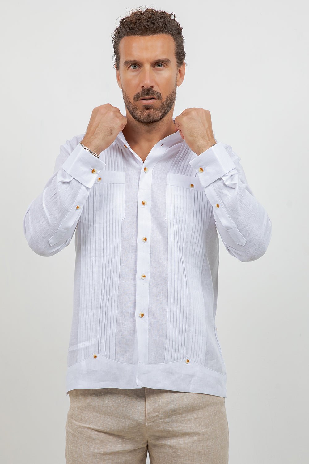 Linen Beach Wedding Guayabera Two Pocket Shirt Long Sleeve