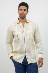 Fancy Linen Guayabera Long Sleeve Two Pocket Contrast Piping