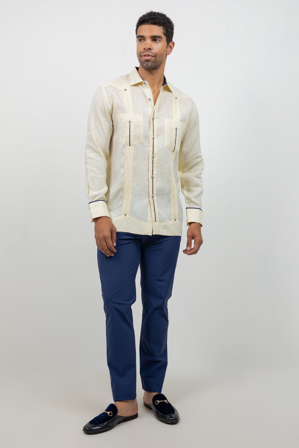 Fancy Linen Guayabera Long Sleeve Two Pocket Contrast Piping