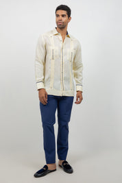 Fancy Linen Guayabera Long Sleeve Two Pocket Contrast Piping
