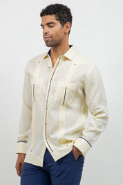 Fancy Linen Guayabera Long Sleeve Two Pocket Contrast Piping