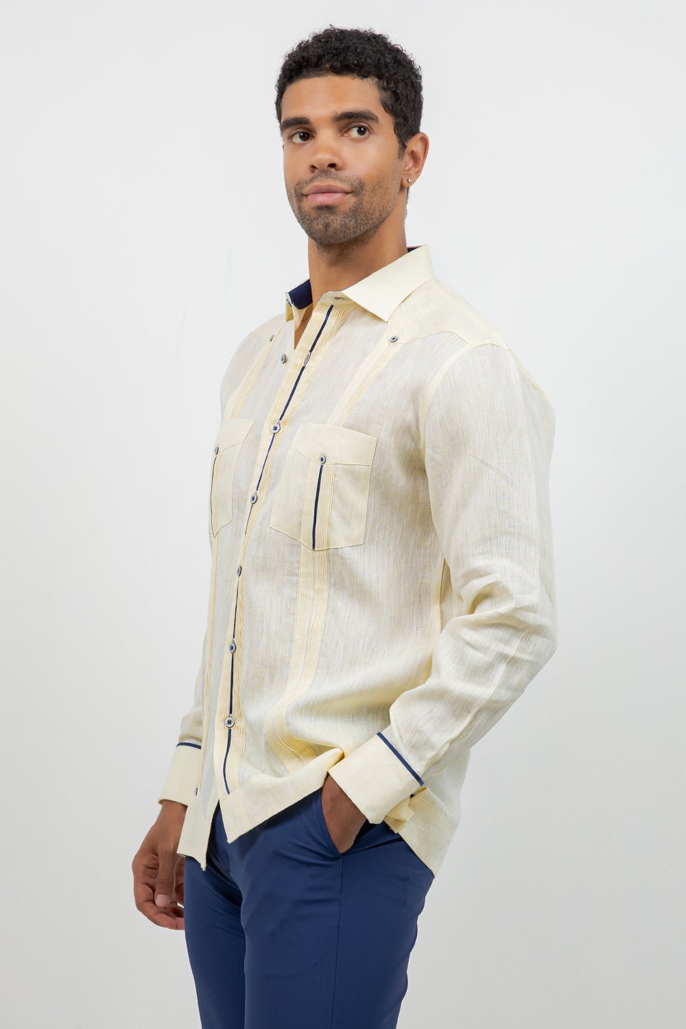 Fancy Linen Guayabera Long Sleeve Two Pocket Contrast Piping