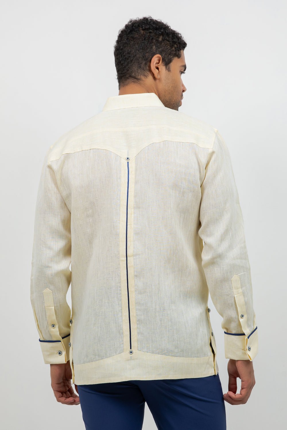 Fancy Linen Guayabera Long Sleeve Two Pocket Contrast Piping