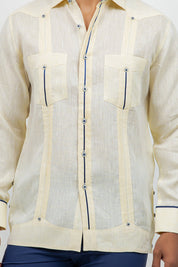 Fancy Linen Guayabera Long Sleeve Two Pocket Contrast Piping