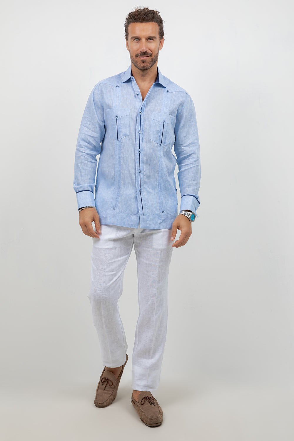 Fancy Linen Guayabera Long Sleeve Two Pocket Contrast Piping