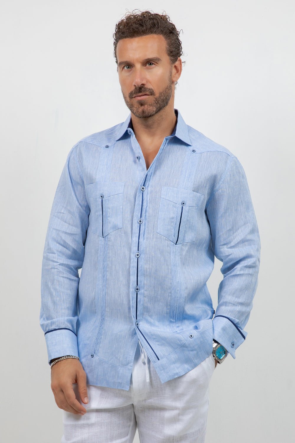 Fancy Linen Guayabera Long Sleeve Two Pocket Contrast Piping