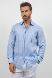 Fancy Linen Guayabera Long Sleeve Two Pocket Contrast Piping