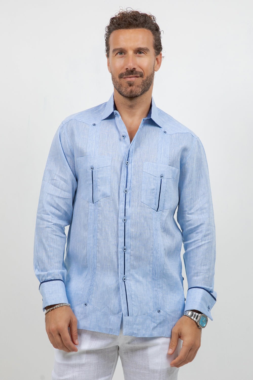Fancy Linen Guayabera Long Sleeve Two Pocket Contrast Piping