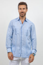 Fancy Linen Guayabera Long Sleeve Two Pocket Contrast Piping