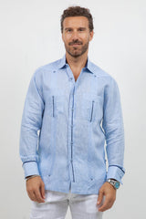 Fancy Linen Guayabera Long Sleeve Two Pocket Contrast Piping
