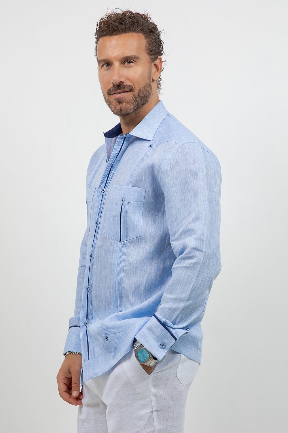 Fancy Linen Guayabera Long Sleeve Two Pocket Contrast Piping
