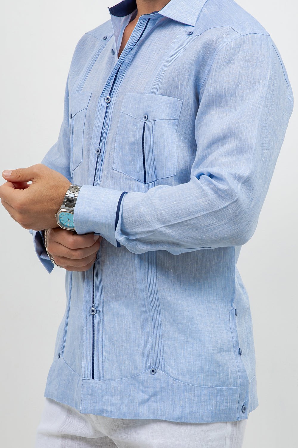 Fancy Linen Guayabera Long Sleeve Two Pocket Contrast Piping