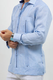 Fancy Linen Guayabera Long Sleeve Two Pocket Contrast Piping