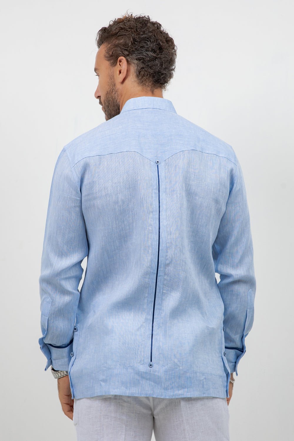 Fancy Linen Guayabera Long Sleeve Two Pocket Contrast Piping