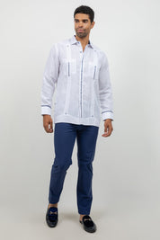 Fancy Linen Guayabera Long Sleeve Two Pocket Contrast Piping