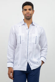 Fancy Linen Guayabera Long Sleeve Two Pocket Contrast Piping