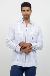 Fancy Linen Guayabera Long Sleeve Two Pocket Contrast Piping