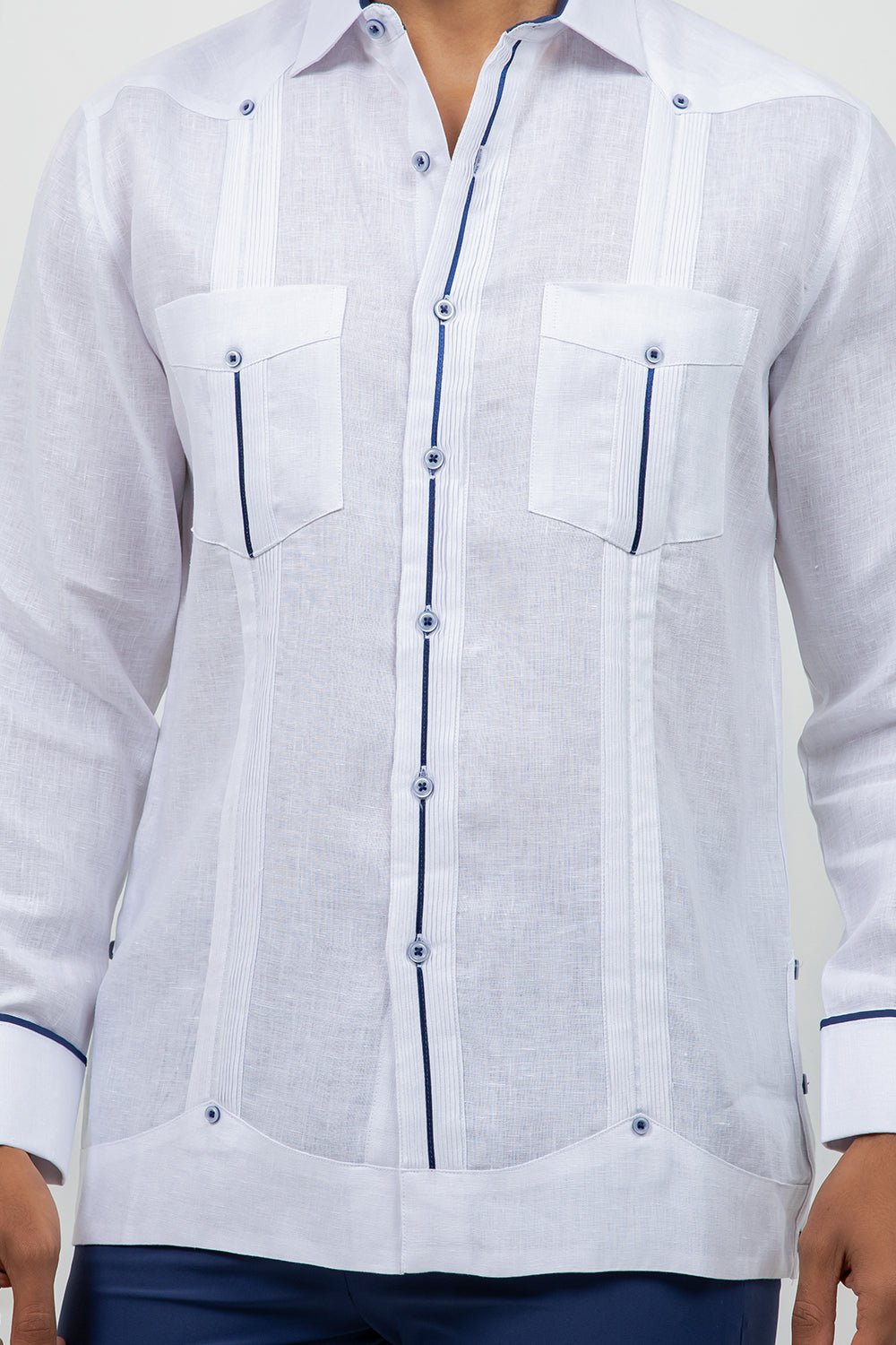 Fancy Linen Guayabera Long Sleeve Two Pocket Contrast Piping