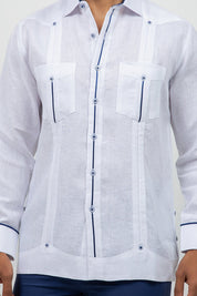 Fancy Linen Guayabera Long Sleeve Two Pocket Contrast Piping
