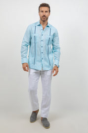 Fancy Linen Guayabera Long Sleeve Two Pocket Embroidered