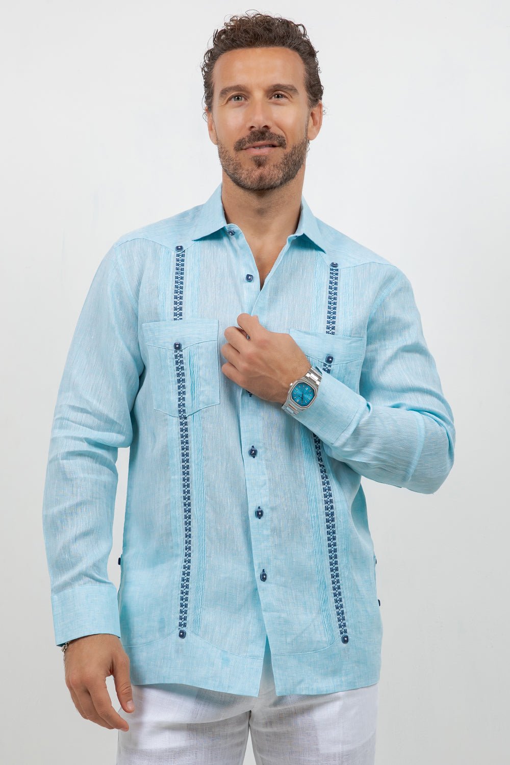 Fancy Linen Guayabera Long Sleeve Two Pocket Embroidered
