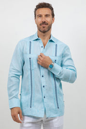 Fancy Linen Guayabera Long Sleeve Two Pocket Embroidered