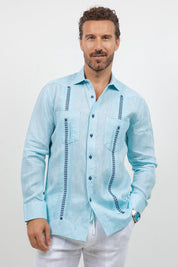 Fancy Linen Guayabera Long Sleeve Two Pocket Embroidered