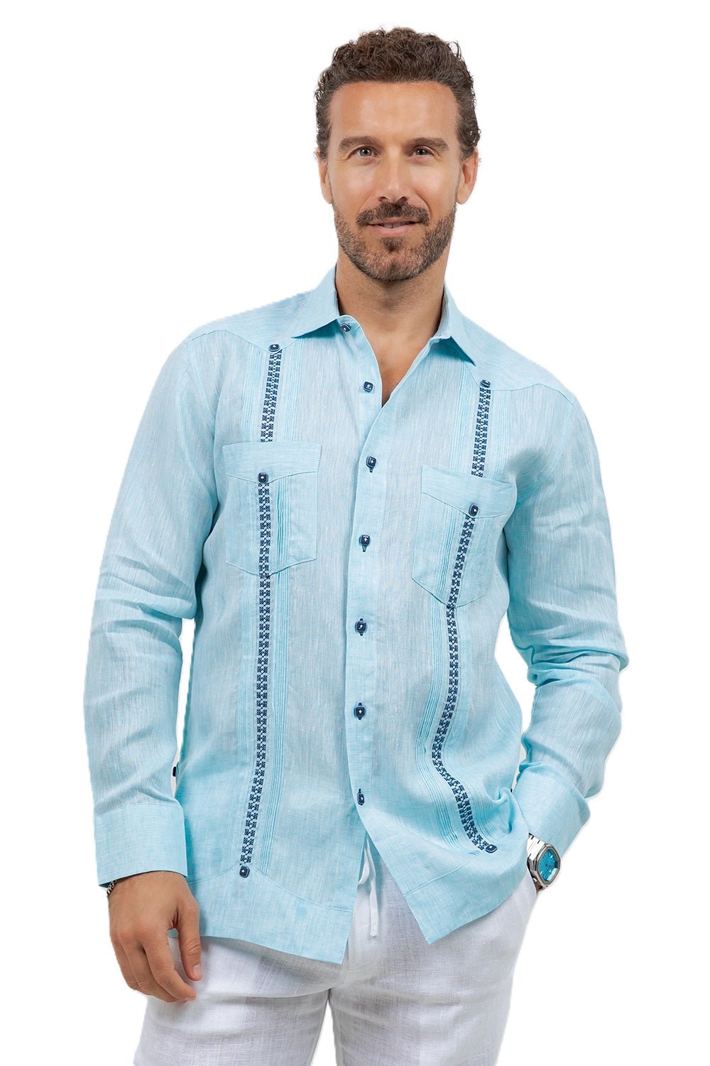 Fancy Linen Guayabera Long Sleeve Two Pocket Embroidered
