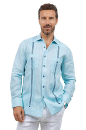 Fancy Linen Guayabera Long Sleeve Two Pocket Embroidered