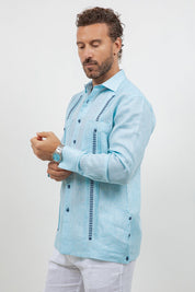 Fancy Linen Guayabera Long Sleeve Two Pocket Embroidered