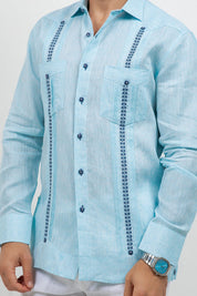Fancy Linen Guayabera Long Sleeve Two Pocket Embroidered