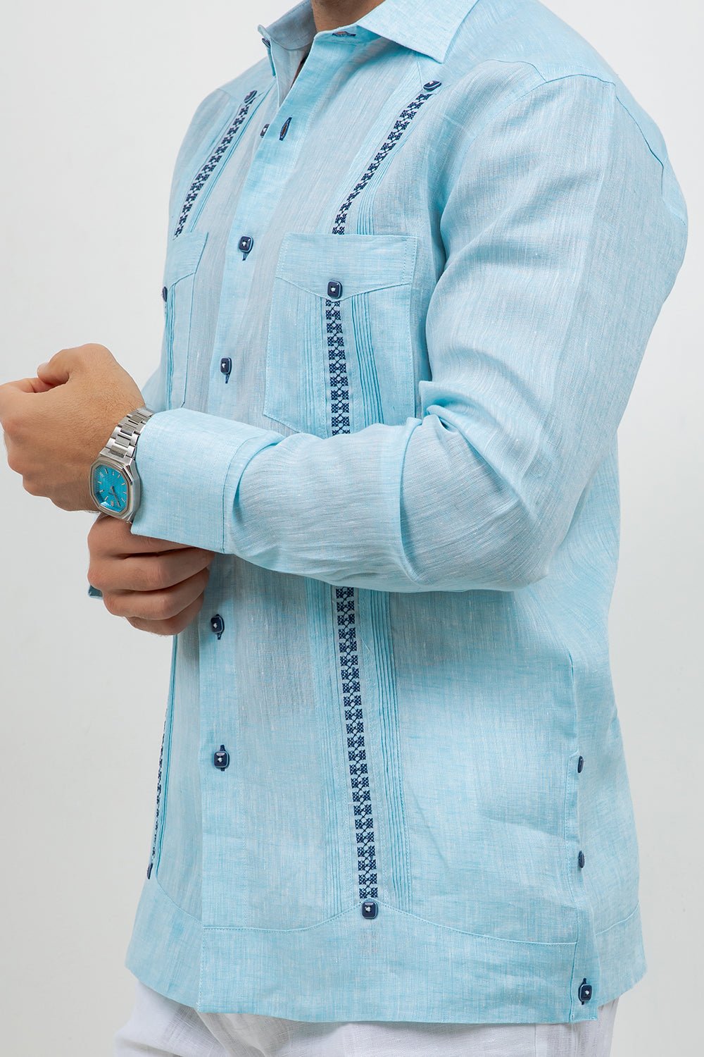 Fancy Linen Guayabera Long Sleeve Two Pocket Embroidered