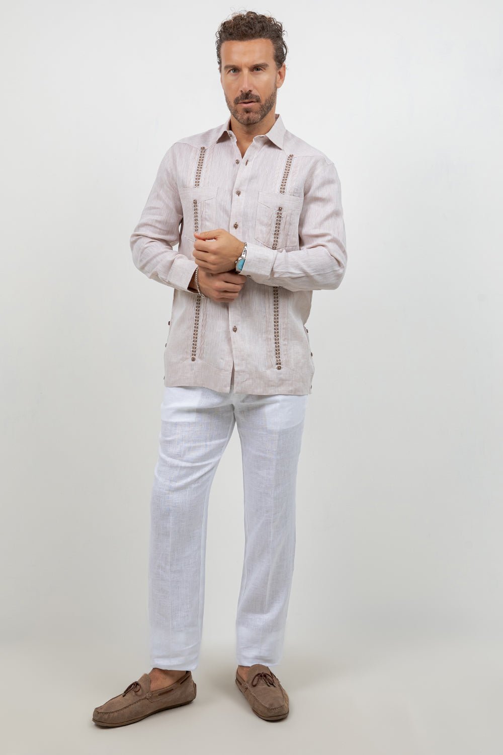 Fancy Linen Guayabera Long Sleeve Two Pocket Embroidered
