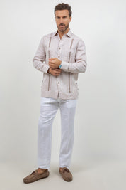 Fancy Linen Guayabera Long Sleeve Two Pocket Embroidered