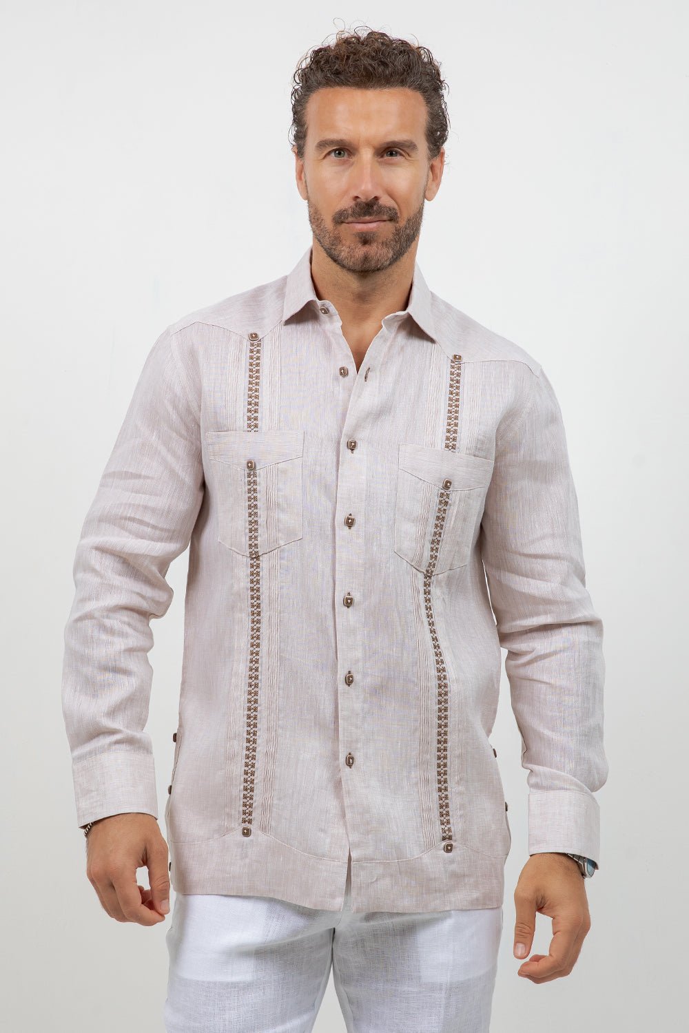Fancy Linen Guayabera Long Sleeve Two Pocket Embroidered