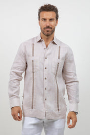 Fancy Linen Guayabera Long Sleeve Two Pocket Embroidered