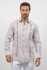 Fancy Linen Guayabera Long Sleeve Two Pocket Embroidered